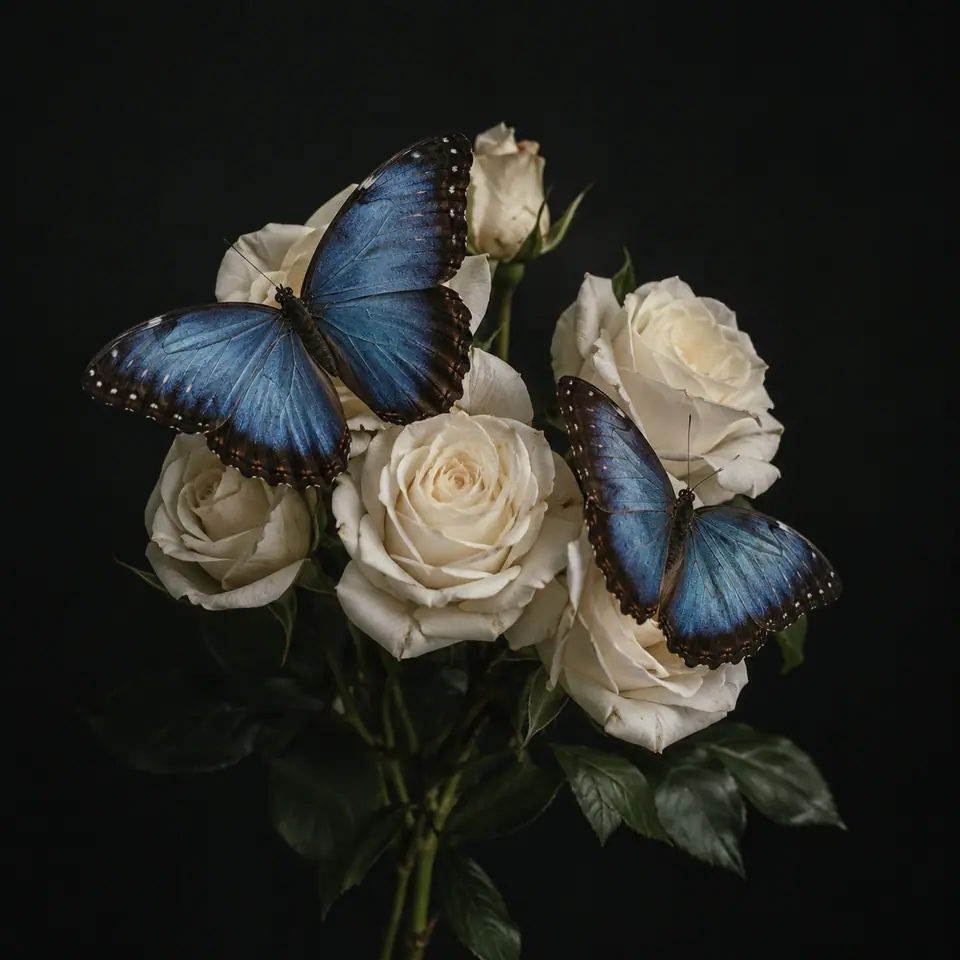 Mariposas azules sobre rosas blancas