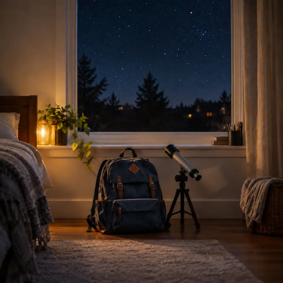 Mochila escolar y un telescopio de juguete junto a una ventana de noche