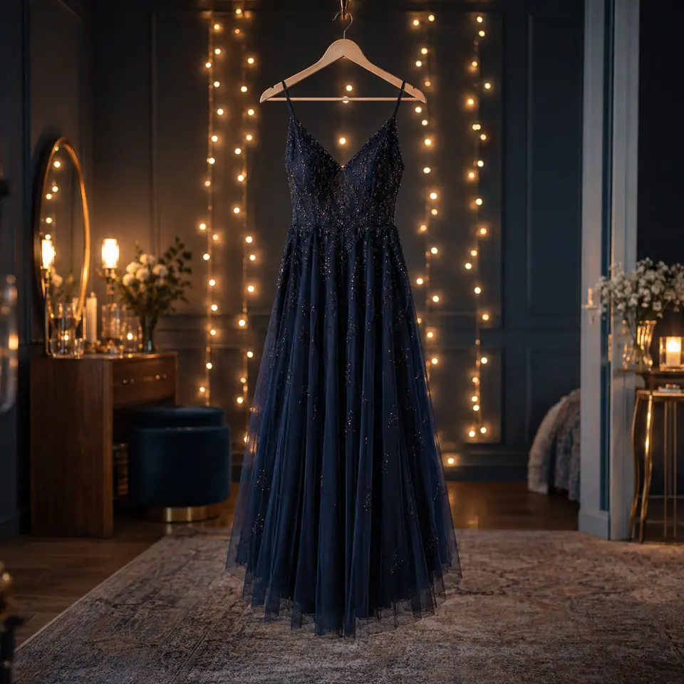 Vestido de fiesta azul colgado frente a luces de hilo