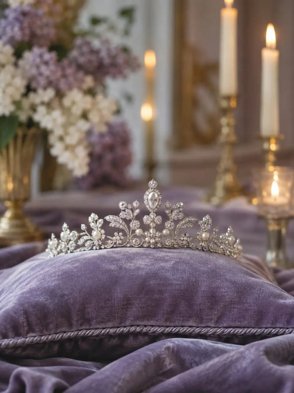 Tiara plateada sobre terciopelo lila junto a velas