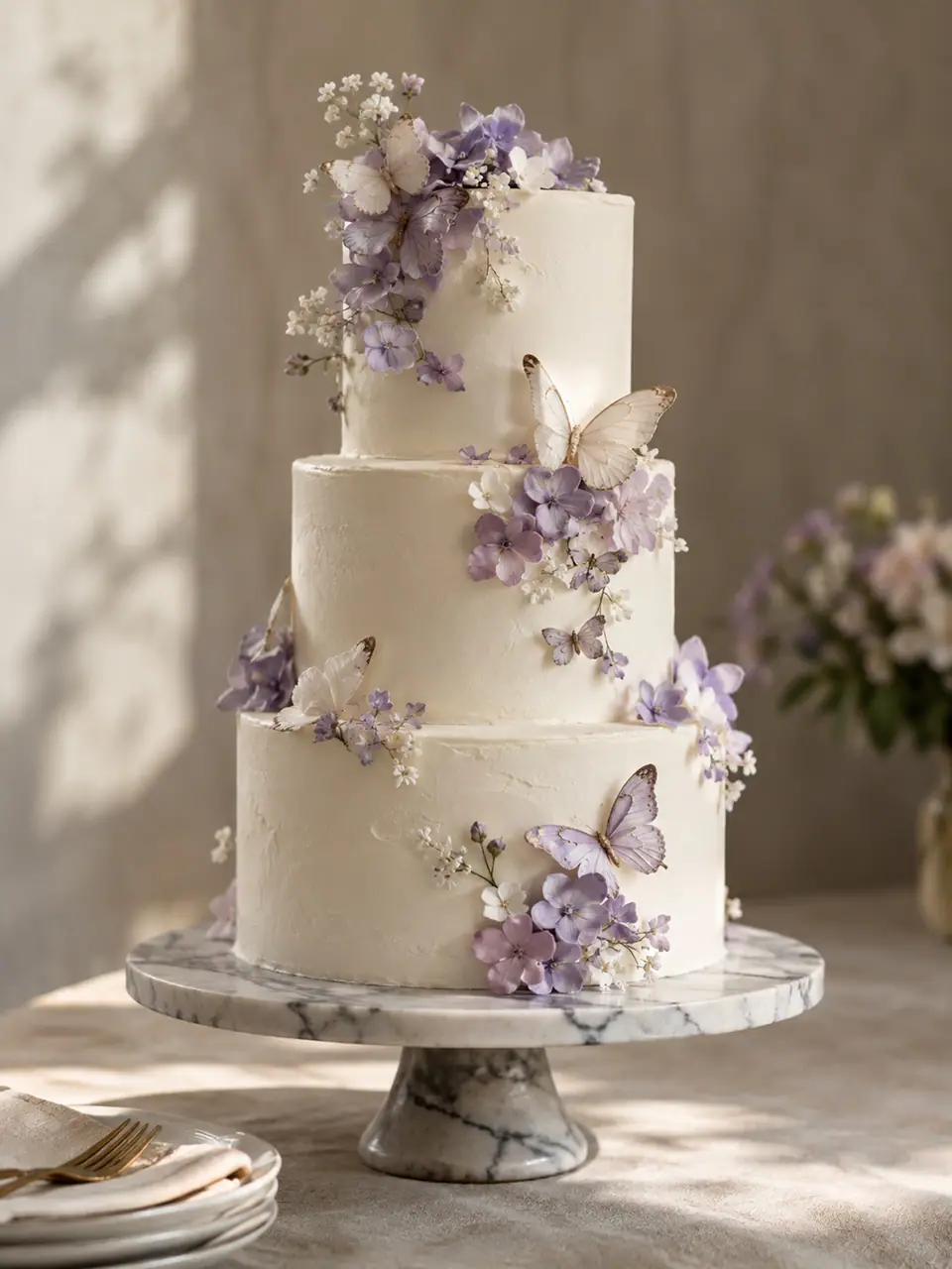 Pastel de tres pisos con mariposas y flores de azúcar lilas