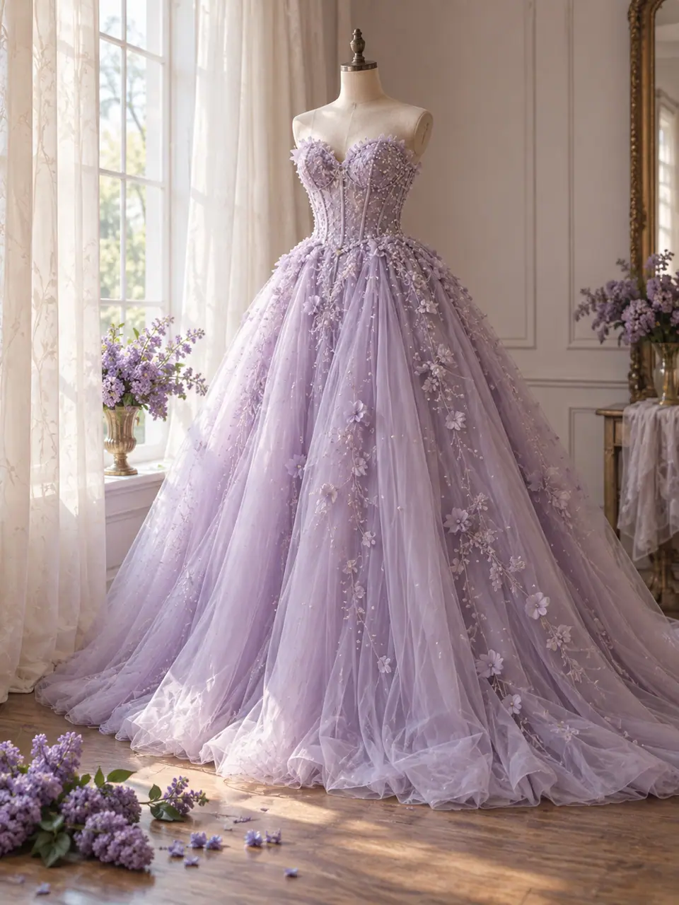 Vestido de gala lila con perlas en un maniquí junto a una ventana