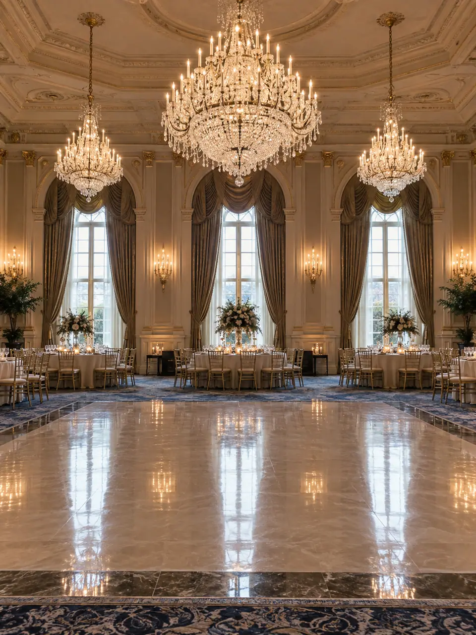Gran salón con candelabros de cristal y la pista vacía